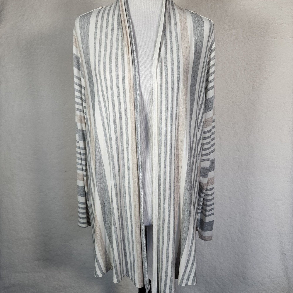 Soft Surroundings Striped‎ Open Front Cardigan Grey Tan Petite Large